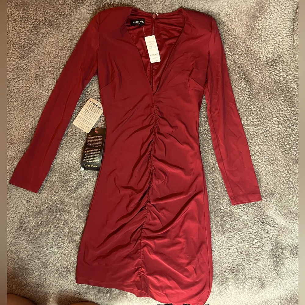 Bebe Rachel Deep V Neck Burgundy Dress